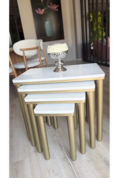 AKSET 4LÜ BOHEM ZİGON SEHPA BEYAZ BRONZ