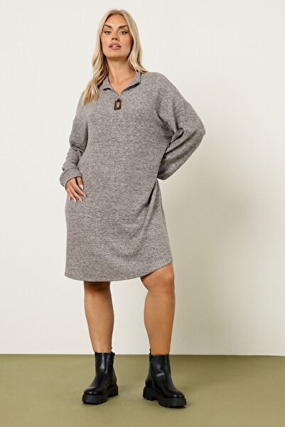 Stil Diva Plus Size V-Neck Long Sleeve Plush Fabric Midi Dress 304280