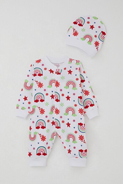 Breeze Kız Bebek Tulum Gökkuşağı Masalı Çiçek Desenli 0-6 Ay, Beyaz