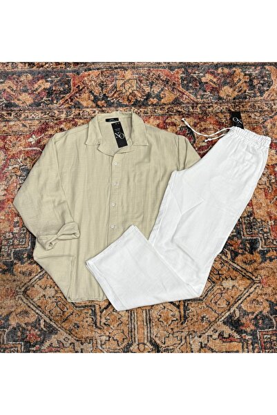 NO 601 Men's Beige Muslin Shirt & White Muslin Linen Pants Set