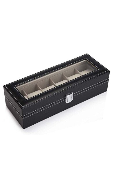 TİMİ صندوق ساعات من 6 فتحات مع غطاء من جلد البولي يوريثان وشاشة زجاجية لتخزين الساعات وحافظة المجوهرات