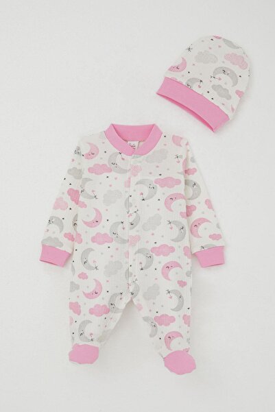 Breeze Baby Girl Booties Romper Sky Themed Sleepy Moon Patterned 0-6 Months, Ecru