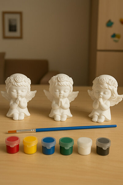 Lunora Design Taş Tozu Boyanabilir Melek Biblo Seti – 3’lü Dekoratif Figür + Boya & Fırça Seti