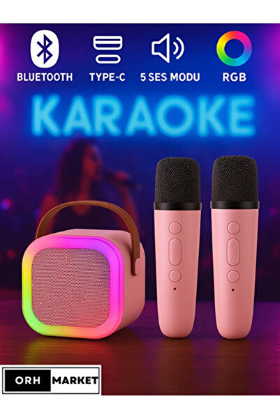 ORH Market K12 Mavi Çift Mikrofonlu Kablosuz Karaoke Bluetooth RGB Işıklı,Taş...