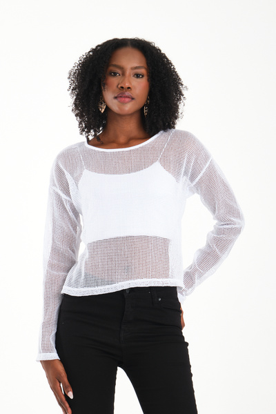 BY PAPI Crew Neck Square Mesh Blouse