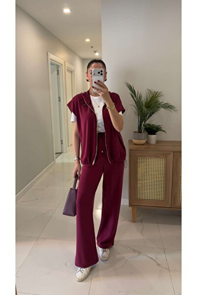 BİRCANÇİL Onwey Burgundy Zippered Vest Pants Modal Set
