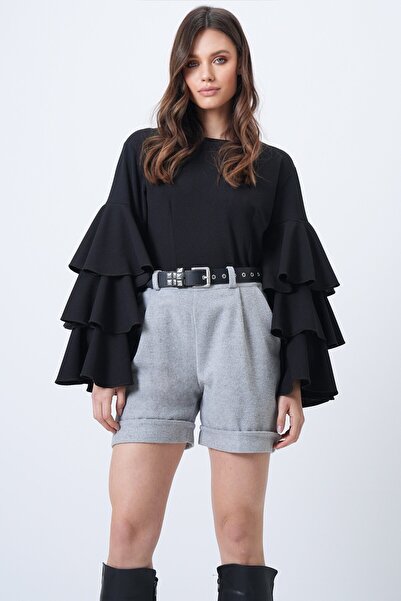 VAGGON Women's Light Gray Double Leg Double Pocket Winter Cashmere Shorts Prmx13297