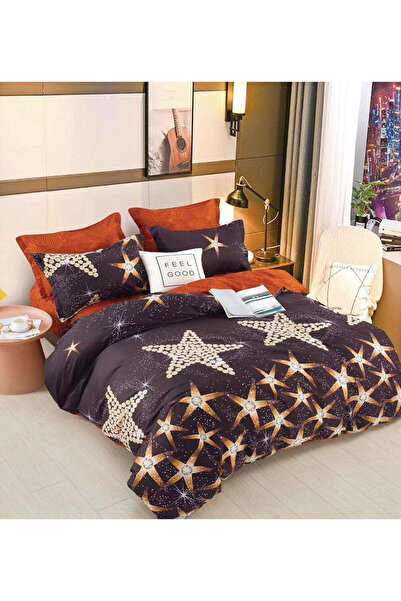 trendyhome Double Bed Linen, Satin Cotton, 4 Pieces – Stars, Black/Gold