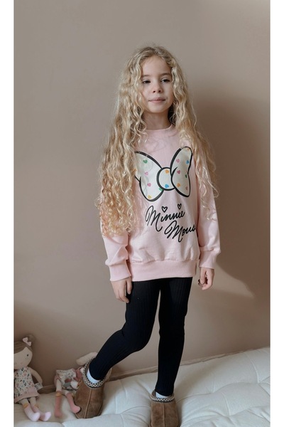 Patriko Girls' Ribbed Mini Text Detail Sports Sweatshirt Leggings 2-Ply Bottom Top Set