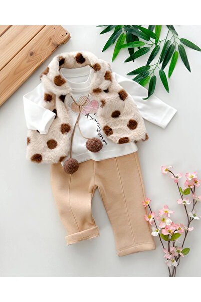 hümabebe Winter 3-Piece Set with Large Spotted Fur and Vest Set Pompom Rope Ties