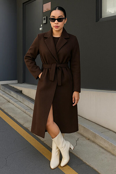 comstar Γυναικείο παλτό Trend Basic Long διπλό πέτο Brown Cashmere