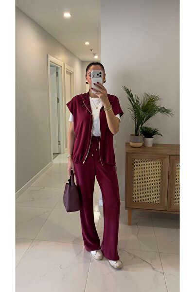 BİRCANÇİL Onwey Burgundy Zippered Vest Pants Modal Set