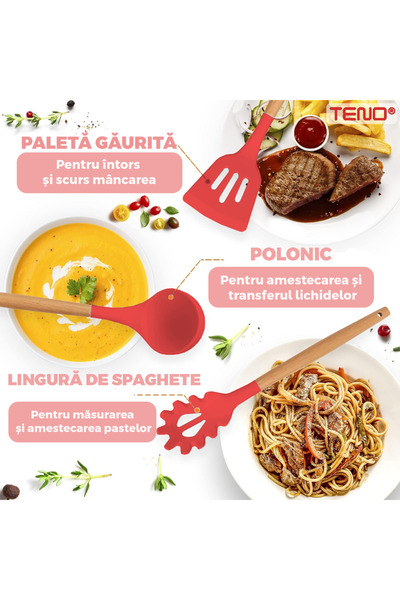 Teno ® 12-Piece Kitchen Utensil Set, food-grade silicone, heat-resistant, non-stick, red