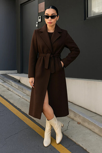 comstar Γυναικείο παλτό Trend Basic Long διπλό πέτο Brown Cashmere