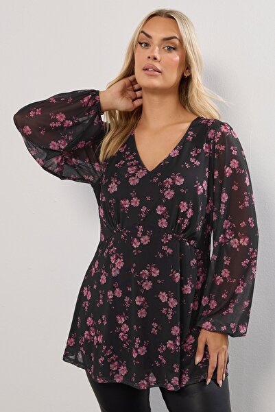 Stil Diva Plus Size V-Neck Long Sleeve Tulle Detailed Lined Blouse 322995