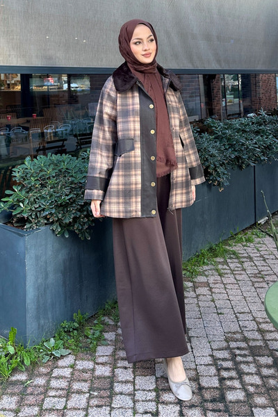 Ovn. Γούνινο γιακά συνδυασμός υφασμάτων Καρό Καμπαρντίνα - Καφέ