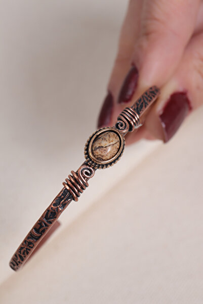 Süspüs Accessories Brown Jasper Stone Oval Pure Copper Authentic Thin Bracelet