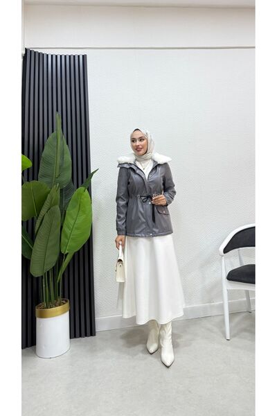 BURCU TESETTÜR Fur Collar Detailed Waist-Tied Waterproof Hijab Coat- Brc6261