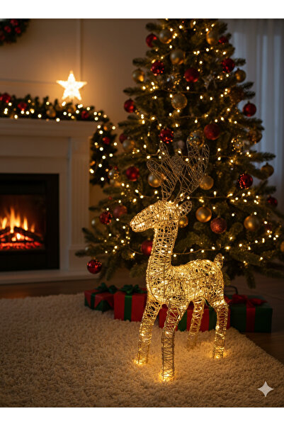 DODOMAR 60 cm – Işıklı Tel Geyik Şampanya Rengi Pil Dahil LED Dekoratif Yılba...