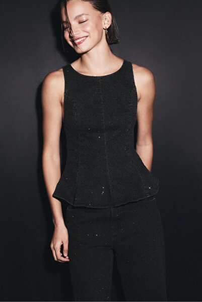 Stradivarius Denim peplum top with rhinestones