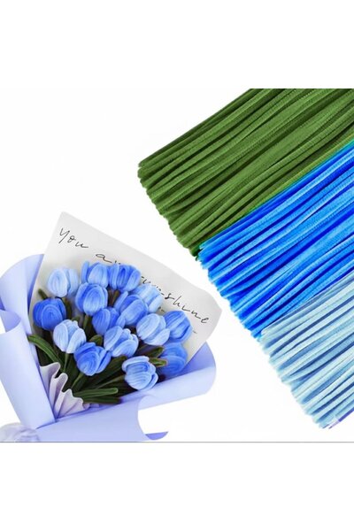 Hobialem 75 Adet 3'lü Şönil Seti Mavi (25), Açık Mavi(25) ve Haki Yeşil (25) ,Çiçek Yapımına Uygun Tüylü Tel