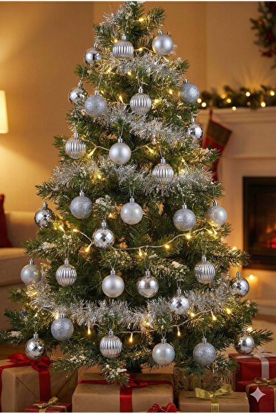 DODOMAR 4 سم - مجموعة زينة كرات فاخرة لرأس السنة الجديدة 24 قطعة فضية لامعة-ب...