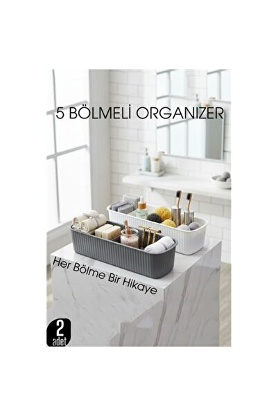 Marsilyan 5 Compartment Bathroom and Makeup Organizer Box Gray & White Set of...