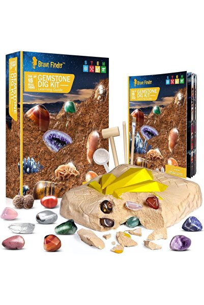 BRAVE FINDER مجموعة أدوات حفر الأحجار الكريمة - مجموعة تعليمية علمية في مجالات العلوم والتكنولوجيا والهندسة والرياضيات، احفر 15 حجرًا كريمًا حقيقيًا