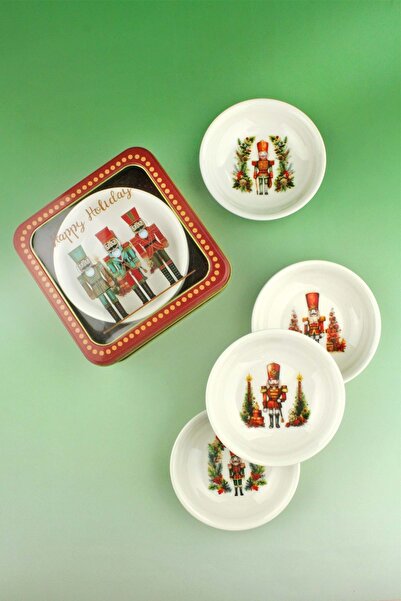 Bursa Porselen Dekor Nutcrackers 4-Piece Porcelain Snack Bowl Metal Christmas Gift Boxed