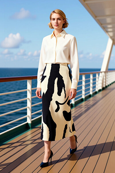 BENERLY Women's High Waist Pleated a Line Printed Midi Knitted Skirt Function...