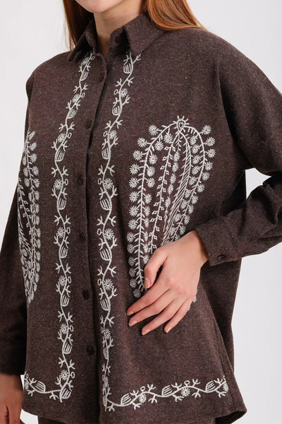 Hatun Atila Embroidered Hera Fabric Double Suit 7671 Brown