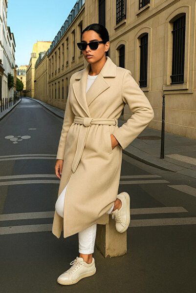 comstar Γυναικείο παλτό Trend Basic Long διπλό πέτο Cream Cashmere