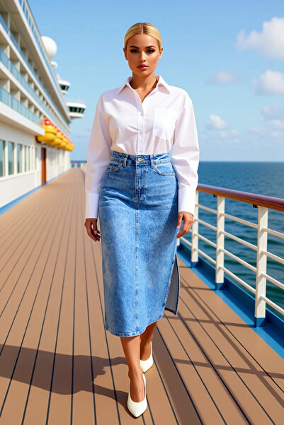 BENERLY Fusta maxi din denim pentru femei, cu talie înaltă, cu șliț, croială ...