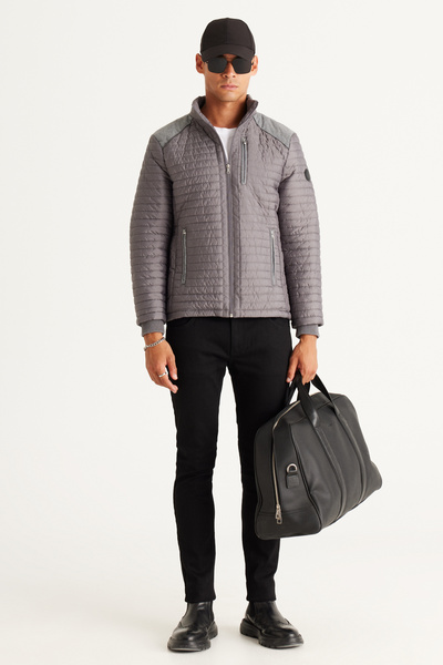 ALTINYILDIZ CLASSICS Gray Standard Fit Regular Cut Mock Neck Patterned Coat