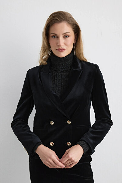 Gusto Double-Breasted Velvet Jacket - Black