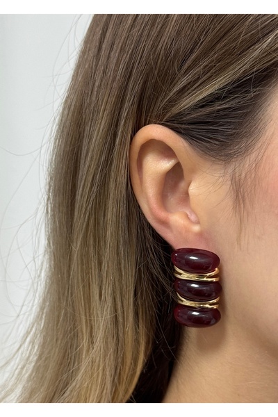 KİLİGİSTANBUL GOLD RENK BORDO REÇİNELİ RETRO KÜPE