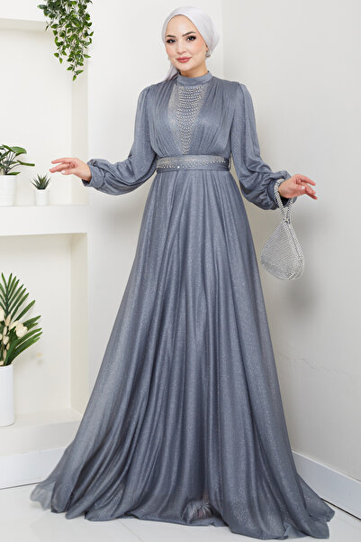 Feiza Collection Önü Piliseli Kemerli Abiye Elbise - GRİ