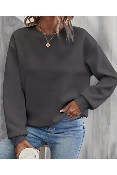 FAVORİST Women's Solid Unprinted Circular Neck Sweatshirt