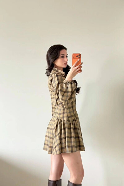 Eka Kadın Kahve Ekose Gömlek Elbise 1041-2743