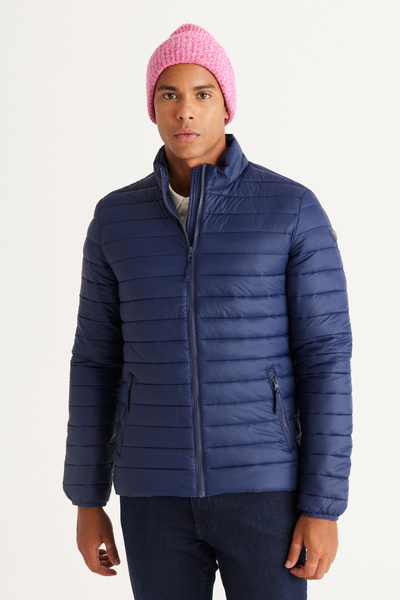 ALTINYILDIZ CLASSICS Navy Blue Standard Fit Regular Cut Mock Neck Patterned Coat