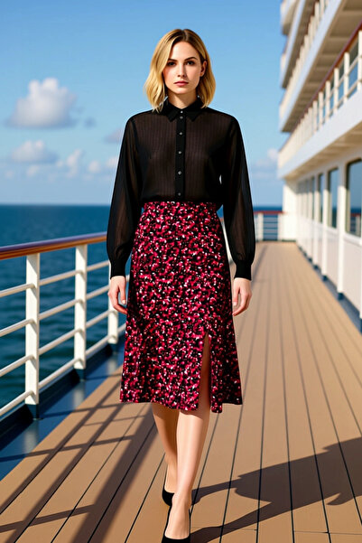 BENERLY Women's Floral Patterned Slit Midi Woven Skirt High Waist A-Line 100%...