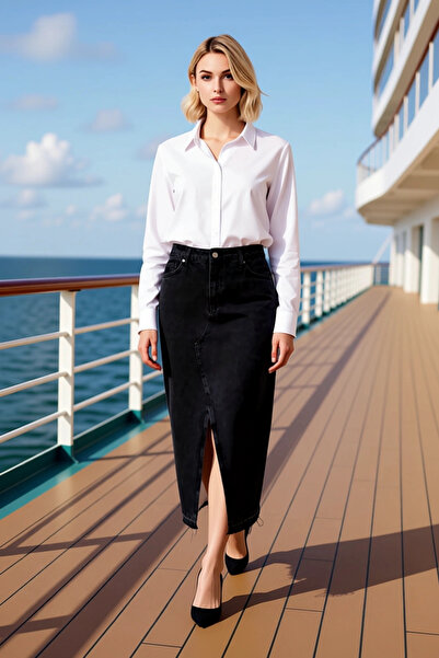 BENERLY Women's 100% Cotton a Line Maxi Slit Denim Skirt Functional Durable Q...