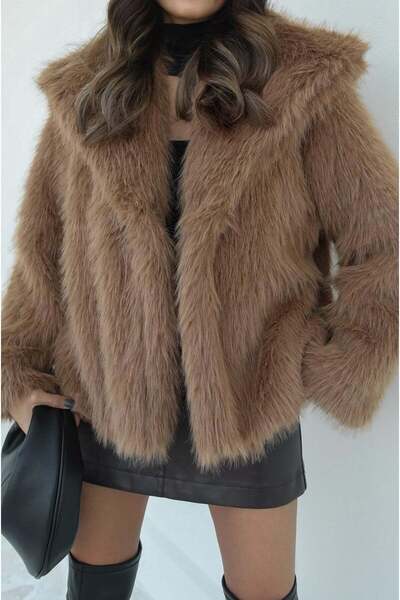 Stil Sepeti Women's Camel Premium Shawl Collar Artificial Faux Fur Coat Tll-2...