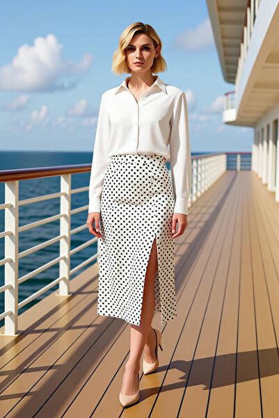 BENERLY تنورة نسائية منسوجة متوسطة الطول بخصر عالٍ منقطة على شكل حرف A مصنوعة...