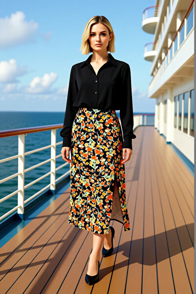 BENERLY Fusta midi de damă, cu șliț, croială în formă de A, 100% viscoză, fun...