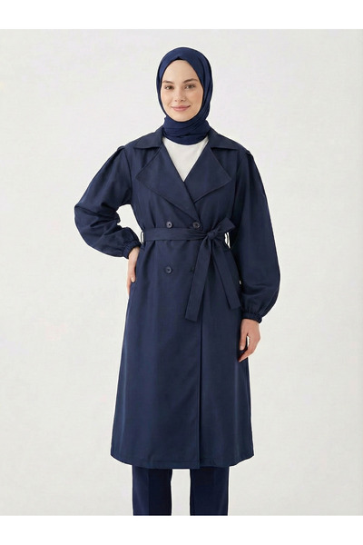 Lunsera Store معطف طويل بأزرار من كروفيز - أزرق داكن
