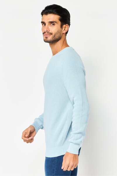 CELIO Men Crew Neck Textured Long Sleeve Sweater, Light Blue