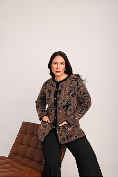 Uludağ Triko Women's Brown Furry Stripe Accessory Pocketed Knitwear Mother Cardigan