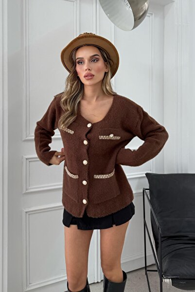 RB CLUB Women's Button Detailed Cardigan Brown