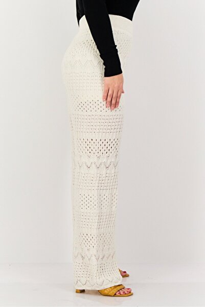PROMOD Women Regular Fit Crochet Wide Leg Pants, Off White